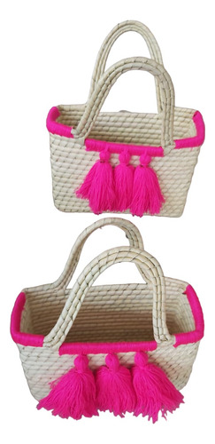 20 Bolsas Chicas Para Dama O Niña, Artesanal De Palma Fucsia Liso Palma Fucsia