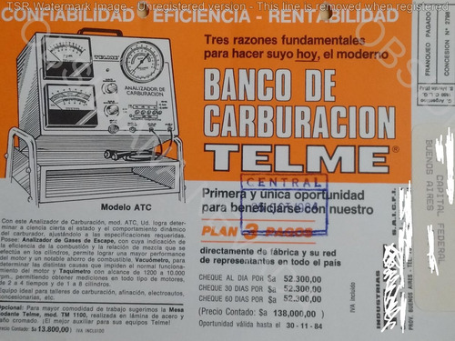 Antiguo Folleto Telme Banco Carburación Lámpara - Año 1984
