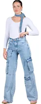 Comprar Jean Wideleg Mujer Celeste Cargo Tiro Medio Rígido Tendencia