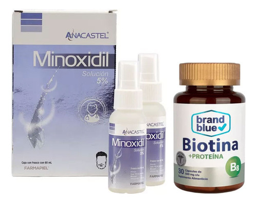 2 Spray Anacastel Minoxidil 5% Cabello Barba Con Tableta De Biotina Y Proteina Brand Blue