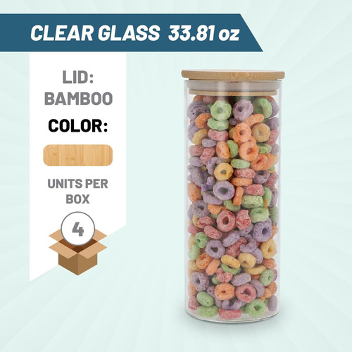 Paquete De 4 Tarros De Cristal 1000 Ml Con Tapa De Bambú