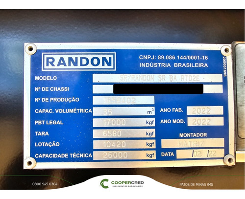 Carreta Rodocaçamba Randon 35m³ 22/22 C/ Lona Fácil 6 Eixos