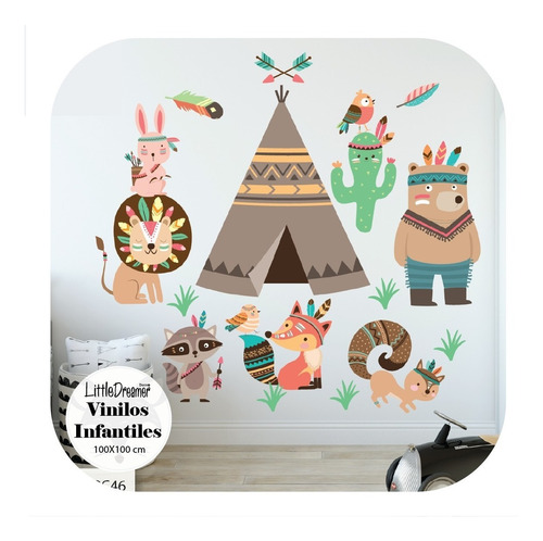 Vinilo Infantil Nordico Tipi Tribal Carpa Marron Pc46a 100cm