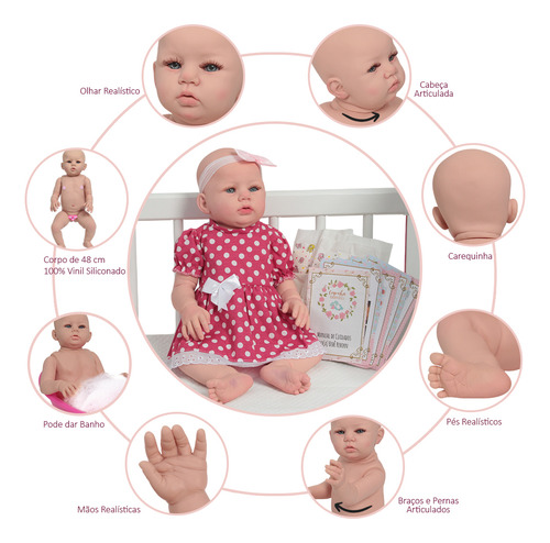 Bebê Reborn Abigail Vestido Bolinha Pode Dar Banho + Itens