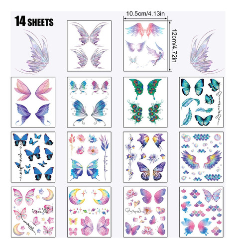 14 Hojas De Tatuajes Temporales De Mariposas Con Purpurina,