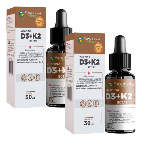 Kit 2x Vitamina K2 + D3 Em Gotas - 30ml Cada - Sabor Morango