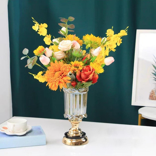 Jarrón De Cristal Con Flores, Elegante Soporte Para Corto