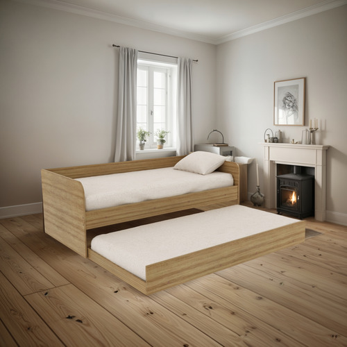 Cama 1 Plaza Minimalista Nido Con Auxiliar Marrón Litera Individual Auxiliar