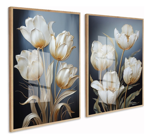 Kit Quadros Decorativos Flores Gold Branca Moderno Com Vidro
