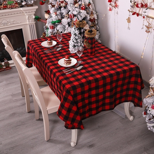 Decoración De Mesa De Mantel A Cuadros Negro Rojo Navideño