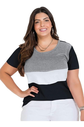 Blusa Feminina Mangas Curtas Tricolor Contrastante Plus Size