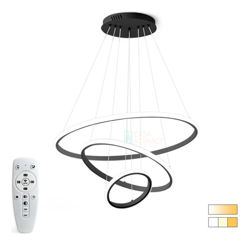 Lustre De Led 3 Anéis Pretos P Mesa De Jantar 3 Tons Dimmer Cor Preto