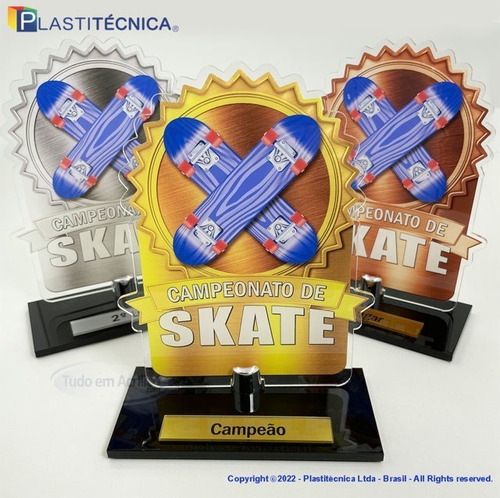 Troféus Para Skate Em Acrílico 100% Campeão, Vice E 3º Lugar