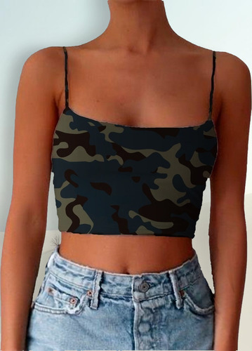 Crop Top Tirante Fino Print Camuflaje Manchas Negro Y Gris