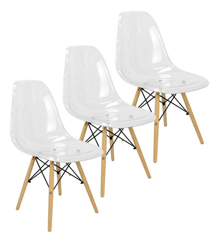 Kit 3 Cadeiras Charles Eames Cristal Eiffel Wood Designer