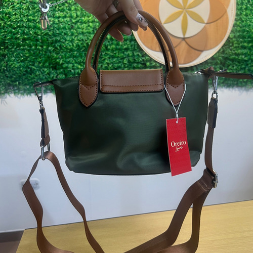 Cartera Oreiro Love Combinada Tela Y Eco Cuero Verde Lisa Níquel Marrón