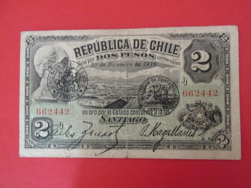 Billete Chile 2 Pesos Firmado Zañartu- Magallanes Año 1916