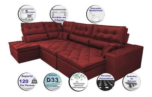 Sofá de Canto Retrátil e Reclinável com Molas Cama inBox Platinum Esquerdo 3,00x2,36 Suede Vermelho