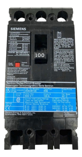Interruptor Termomagnetico Siemens Ed63b100 3x100a