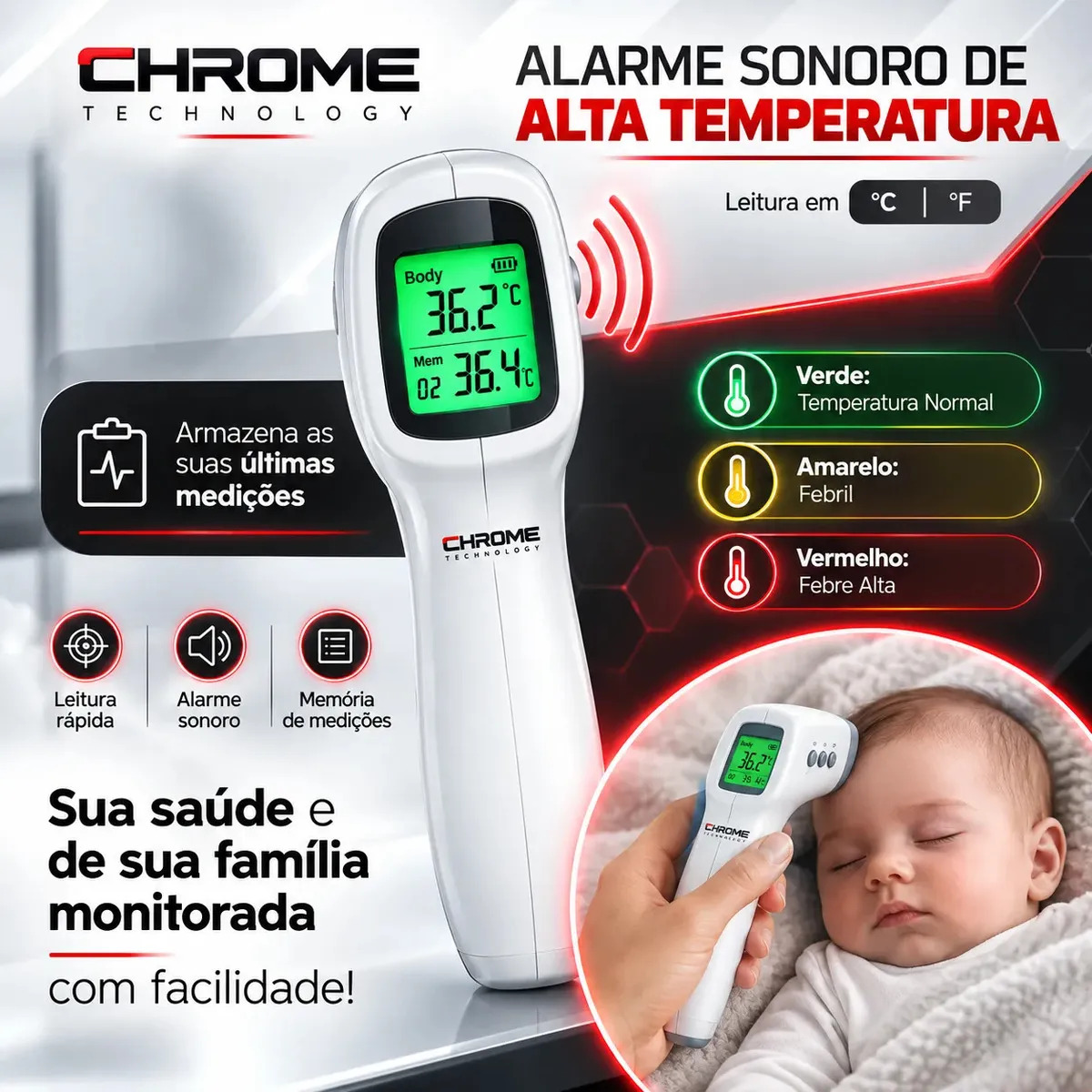 Termômetro Infravermelho Sem Contato Digital Medição Rápida Alta Precisão Display Lcd Memória Alarme Sensor Chrome Technology · foto 5