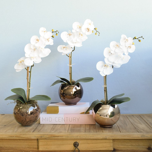 Arranjo De Orquídea De Silicone Branca No Vaso Bronze | Frete grátis