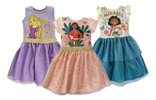 Kit 3 Vestidos Disney Rapunzel, Moana, Mirabel