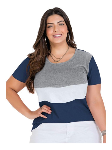 Blusa Feminina Mangas Curtas Tricolor Contrastante Plus Size