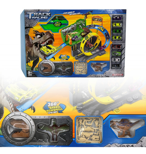 Brinquedo Pista Com Dinossauro 4 Carrinhos + Lançador E Loop