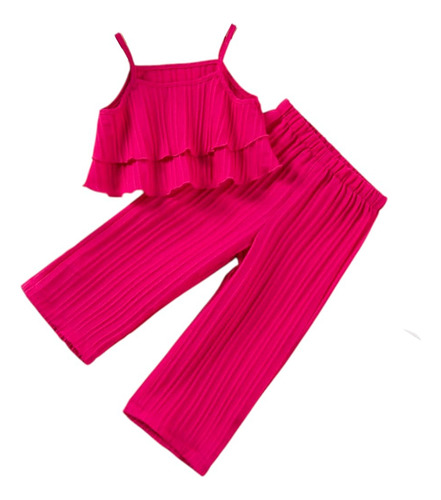 Conjunto De Top Olanes Para Niña Y Pantalón Pie Ancho Liso Fucsia 4-5 Años