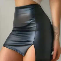 Comprar Pollera Engomada Negra Mini Falda Mujer Tajo Tendencia Moda