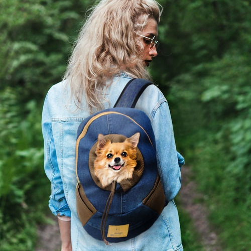 Mochila Transportadora Chica De Mezclilla Para Perro O Gato 