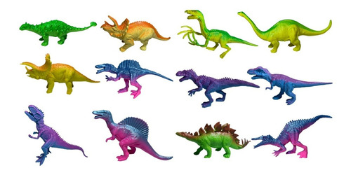 Kit 12 Dinossauros Borracha Coloridos Mini Carnotauro T-rex