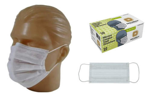 Máscara Descartável Tripla, Branca, Clip Nasal C/elástico