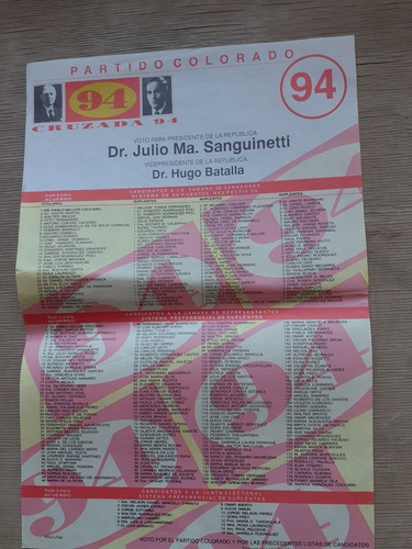 Elecciones Nacionales 1994 Partido Colorado Lista 94 (Usado)