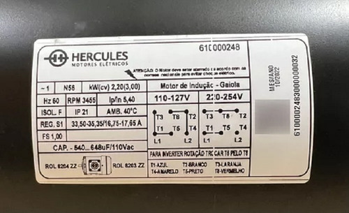 Motor Monofásico Hercules 3cv 2 Pólos Alta Rotação 110/220v