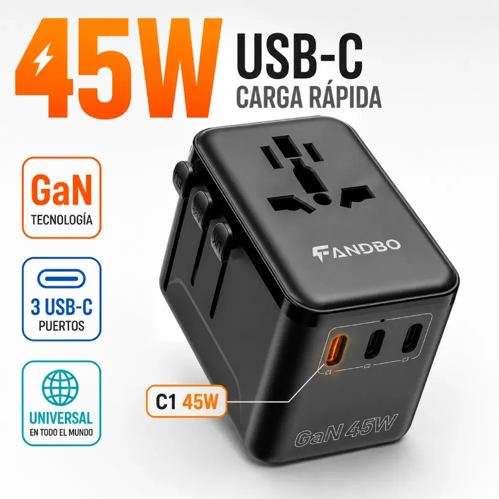 Adaptador Universal de Viaje Fandbo con 4 Puertos USB y Enchufe Internacional