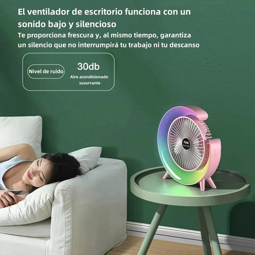 Ventilador De Escritorio Portátil Recargable Usb Con Luz Rgb 23.5 Cm 50 Azul Blanco Plástico 3