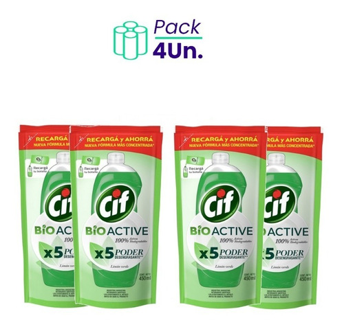 Detergente Bio Active Dp Lima Cif 450ml Pack X 4