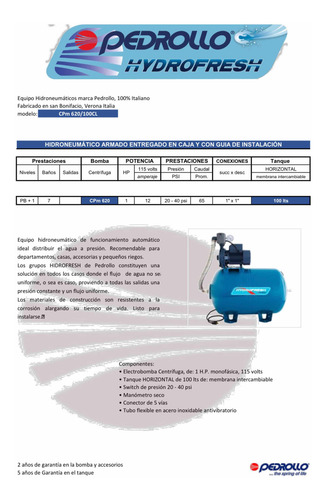 Hidroneumatico Pedrollo 1 Hp 100 Litros Mod Cpm 620/100cl