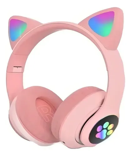 Fone Bluetooth Orelha De Gato Led Colorido Rosa