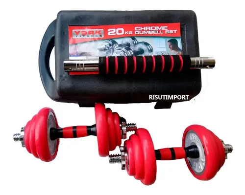 Set De Pesas York 20kg Mancuernas Adaptador Barra Recta