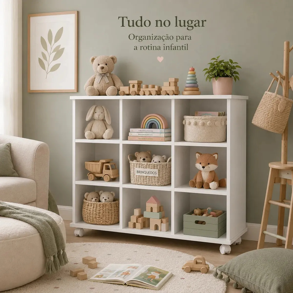 Organizador Infantil 9 Nichos Com Rodízios Para Brinquedos E Livros Branco