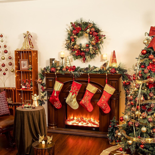 Decoracion De Navidad Botas Colgantes Con Bordados, 2 Piezas Rojo Y Dorado Navidad