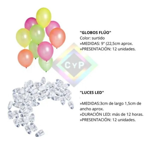 Imagen 2 de 10 de Globos Luminosos Fluo Led X 12 Brilla Con Luz Uv Cotillon