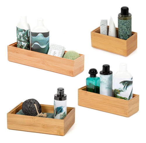 Set X4 Canastos Cajas Madera Bambu Organizador Baño Alacena