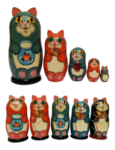 Muñecas Matrioska Gatos Arte Ruso Decoracion Hogar 16 Cm 5pc