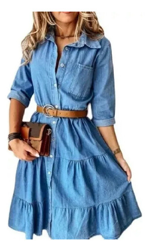 Vestido Denim Multicapa Con Cintura Receptora