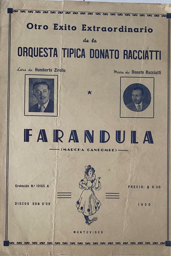 Antigua Partitura Tango Candombe Farándula Racciatti  Mv