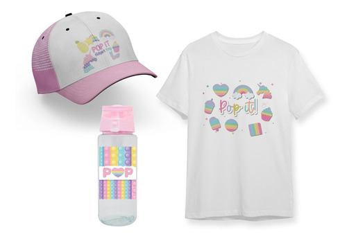 Pack Remera + Botella + Gorra + Pop It Pastel