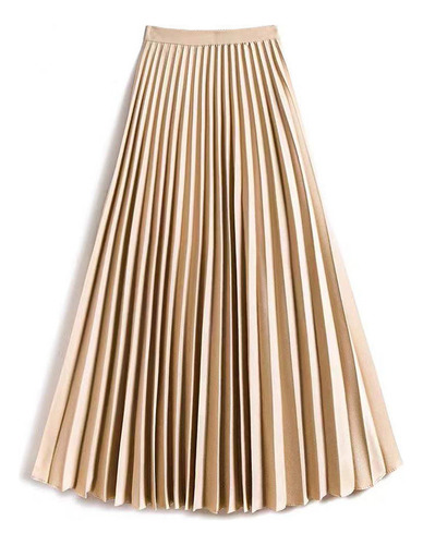 Elegante Falda Midi Plisada Color Champán Para Mujer